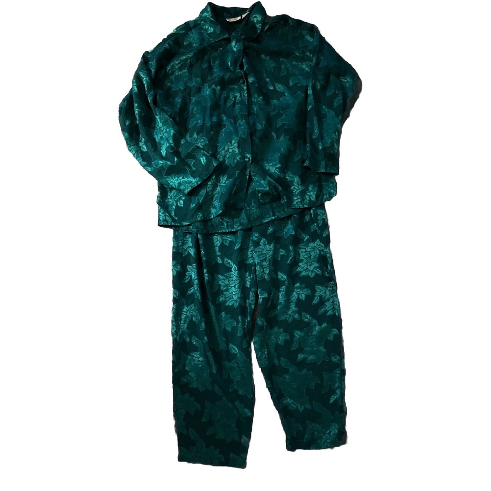 VINTAGE Victorias Secret Pajama Womens‎ Medium Green 2pc Set Gold Label